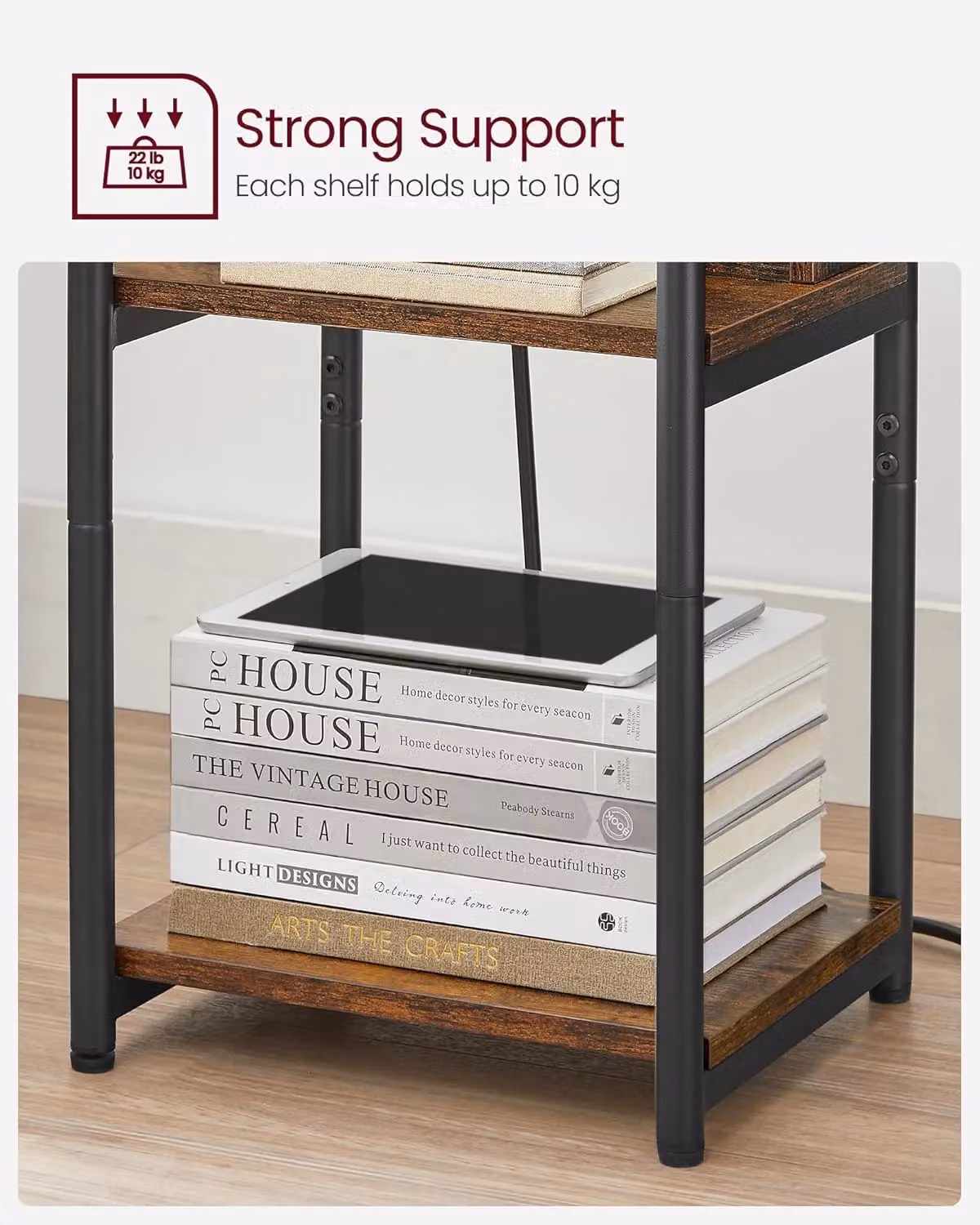 VASAGLE Slim Brown Side Table with 2 AC and USB Charging Outlets – 7