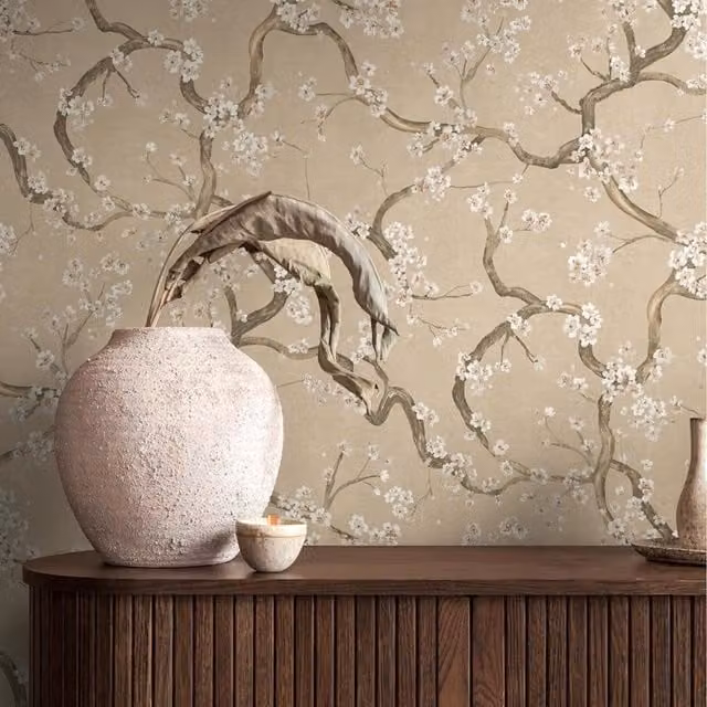 A.S. Création Hot Spots Floral Branches Metallic Wallpaper in Beige and Grey