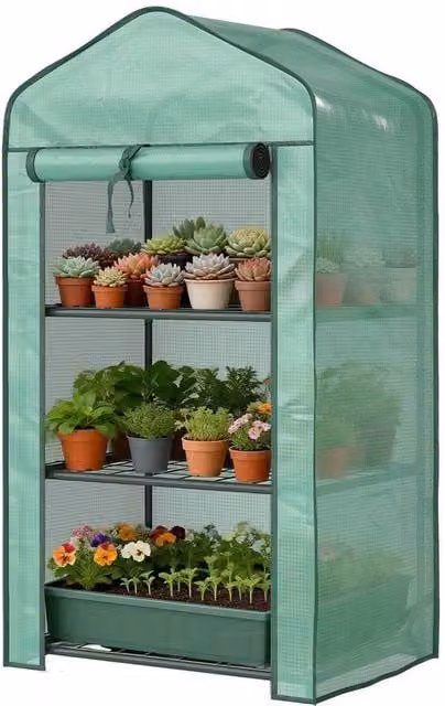 NESTLUNE Portable Mini Greenhouse with Roll-up Door and Wire Shelves, Green, W/D/H: 100 x 15 x 15 cm