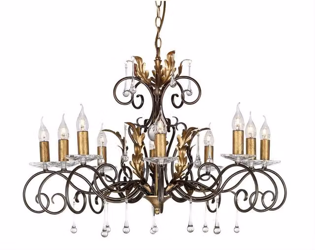Elstead Amarilli 10 Light Chandelier in Bronze and Gold with Floral Leaf Design and E14 Sockets
