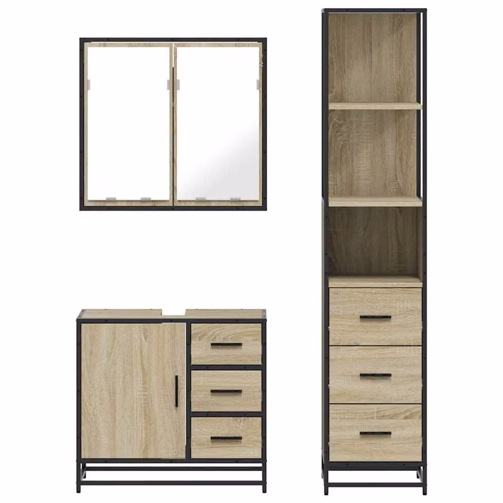 Berkfield Home 3 Piece Industrial Bathroom Furniture Set in Sonoma Oak Brown, including Mirror Cabinet, Vanity Unit and Tall Cabinet – 2