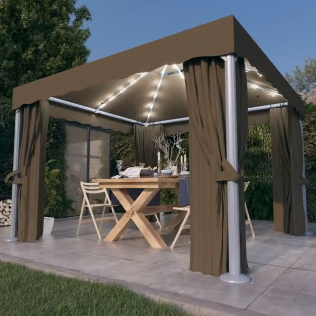 Berkfield Home Gazebo with Curtains and LED String Lights, Beige, W: 300 cm, D: 300 cm, H: 300 cm