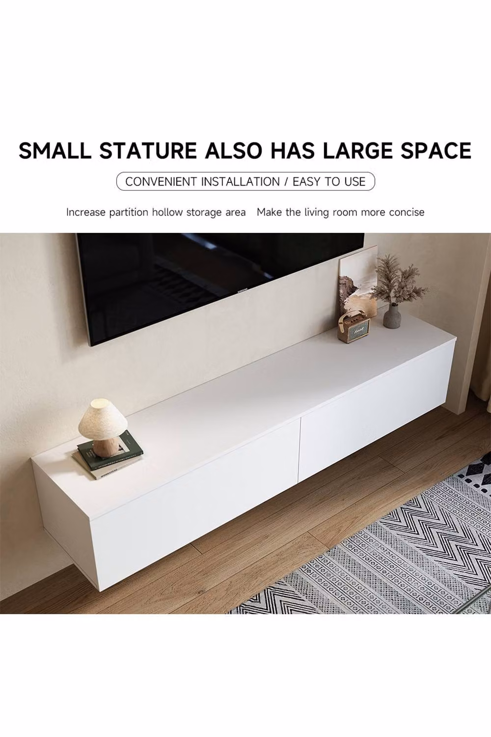 H&O Direct Matte Wall Mounted Floating TV Stand with 2 Flip Drawers in White – 4