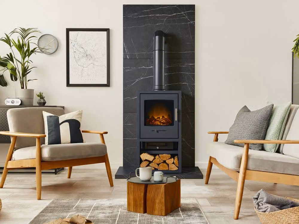 Acantha Fires & Fireplaces Black Marble Effect Tile Hearth Set with Bergen XL and Tall Angled Pipe – 4