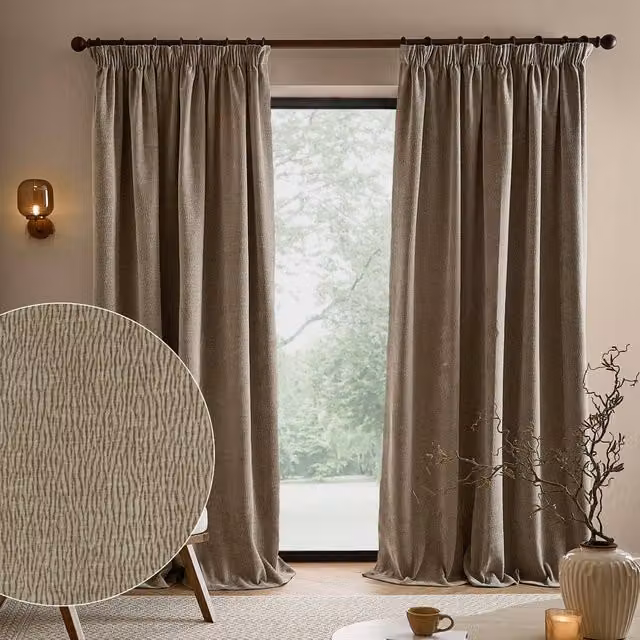 Yard Heath Washed Velvet Pencil Pleat Curtain Pair in Beige, Width: 229 cm, Drop: 229 cm