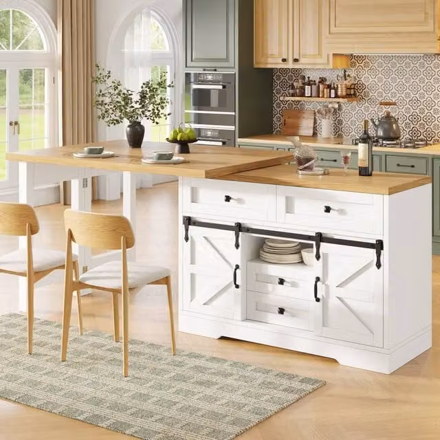 Merax White Extending Kitchen Island Dining Table with Sliding Barn Doors, W/D/H: 120 x 73.8 x 77 cm