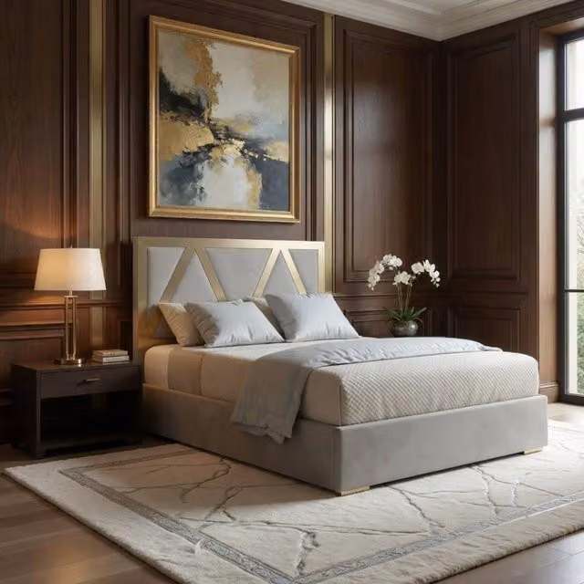 Casani Claverdon Upholstered Velvet Designer Bed Frame in Grey with Metal Details, W/D/H: 140 x 200 cm – 1