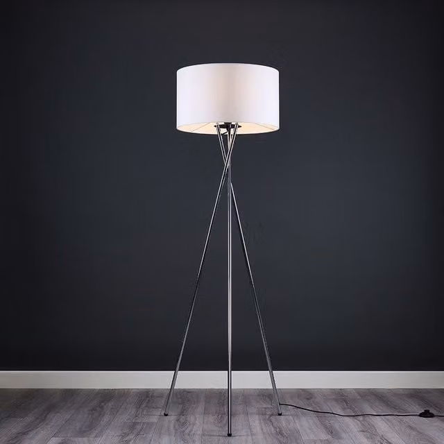ValueLights Camden Modern Polished Chrome Metal Tripod Floor Lamp with White Fabric Cylinder Shade