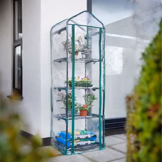 VonHaus 4 Tier Curved Mini Garden Greenhouse with Shelving in Green and Transparent