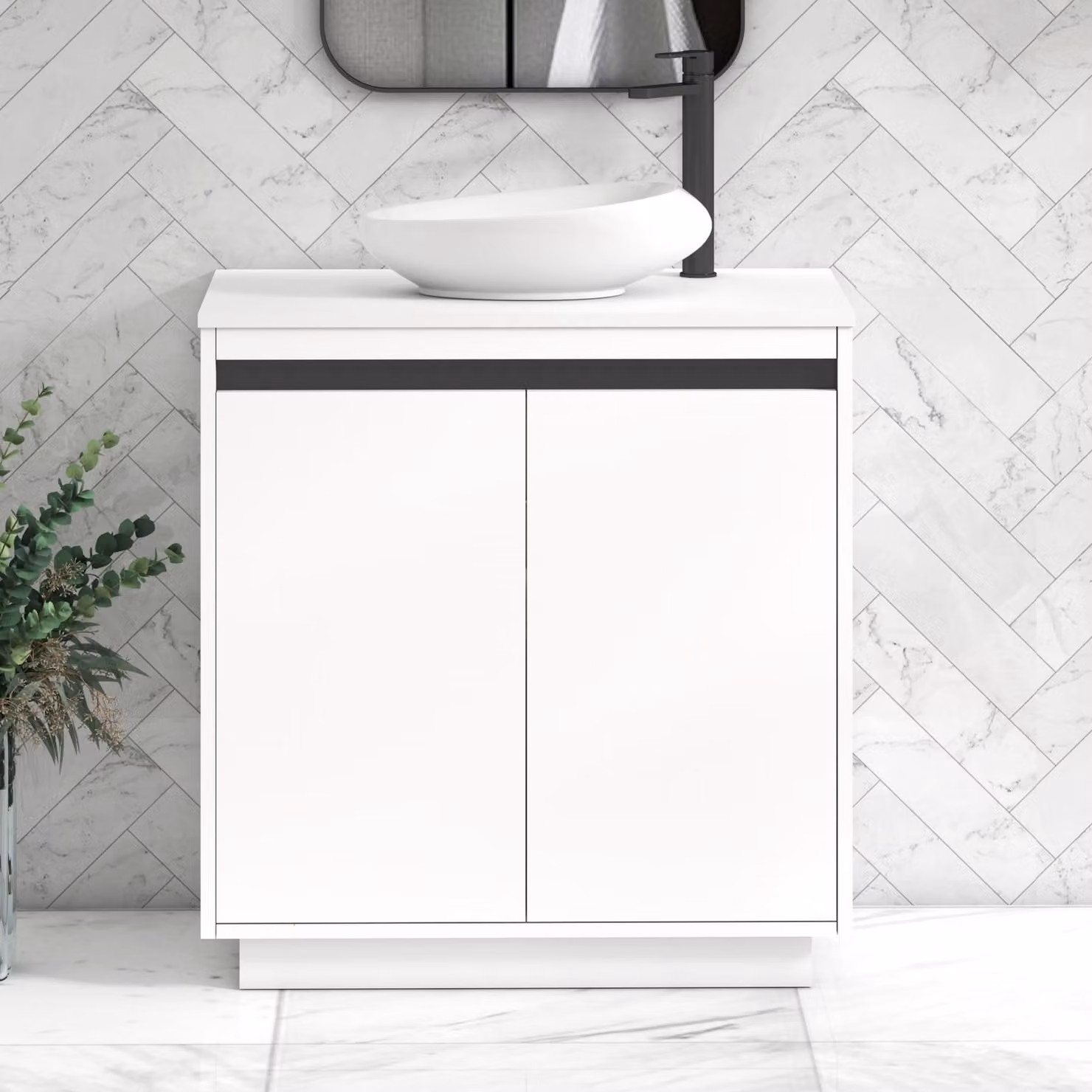 Royal Bathrooms Orion 800mm Matt White Floor Standing 2 Door Vanity Unit with Nova Basin and Black Accent Trim