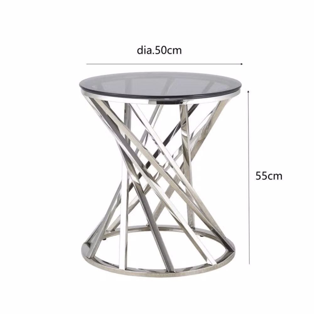 Comfy Living Ltd Round Geometric Metal Side Table with Tinted Tempered Glass Top in Silver, W/D/H: 50 x 50 x 55 cm – 2