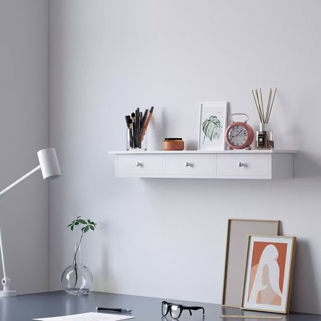 The Bazaarist White Glossy Wall-Mounted Floating Shelf Unit with 3 Drawers and Back Panel