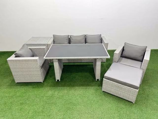 Fimous Patio Garden Furniture Set in Light Grey with Dining Table, Side Table and Large Stool
