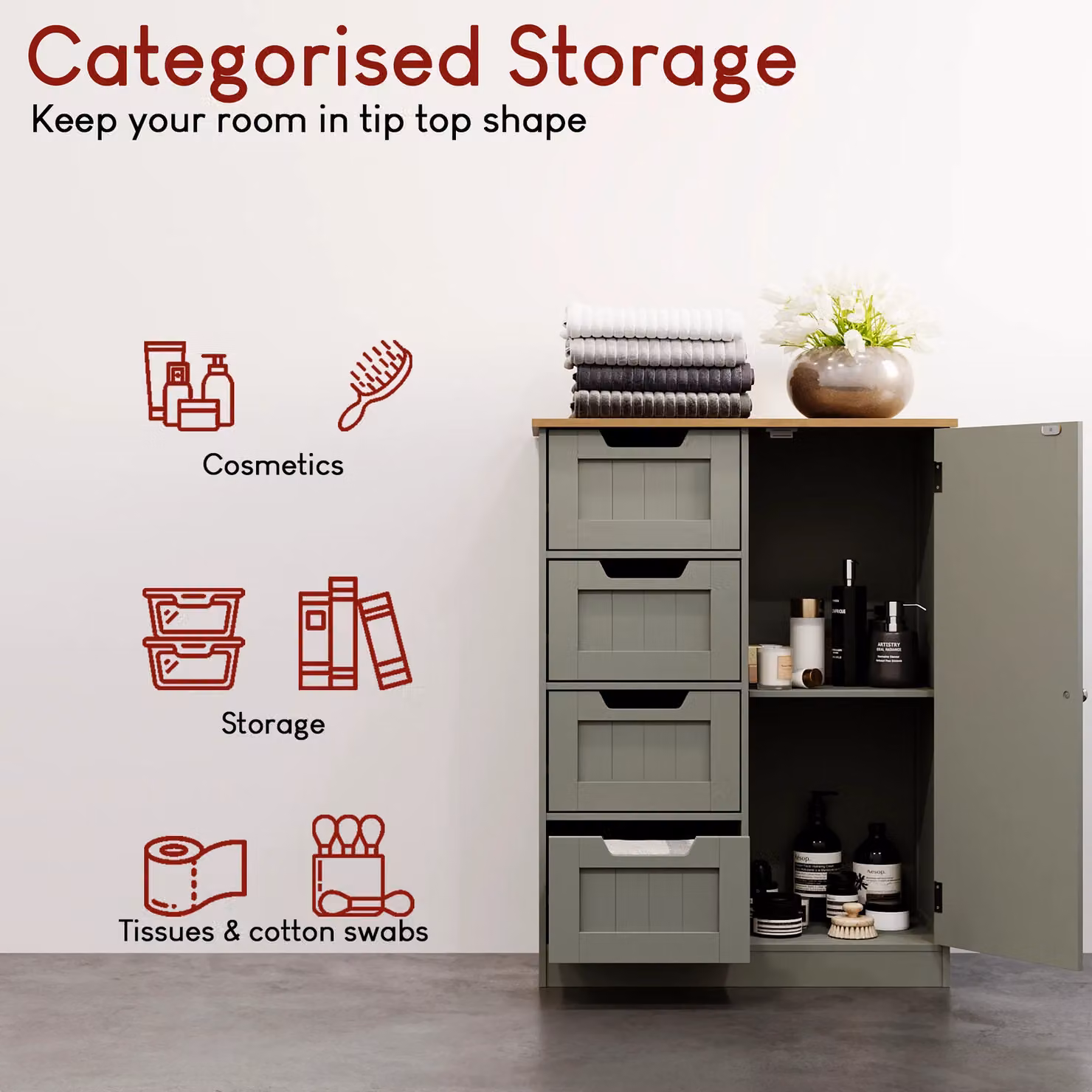 Home Discount Bath Vida Priano Grey Freestanding Bathroom Storage Unit with 4 Drawers and 1 Door, H 81.0 x W 60.0 x D 30.0 cm – 4