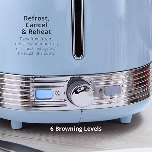 Swan ST19028BLU Retro 2 Slice Toaster in Blue and Stainless Steel with 6 Browning Levels, Defrost, Reheat and Cancel Functions, 930W – 4