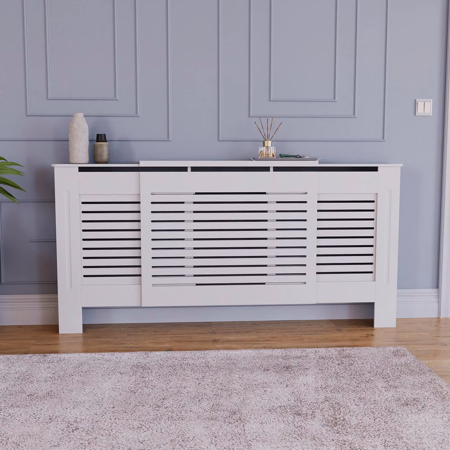 Vida Designs Milton Adjustable MDF Radiator Cover in White, H x W x D: 82 x 204 x 19 cm – 3