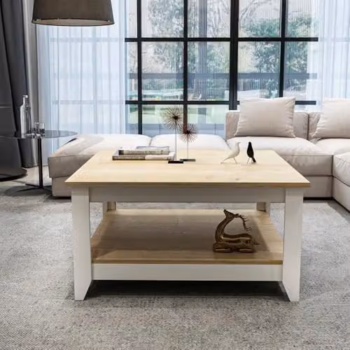DECOROTIKA Lea Modern Square Coffee Table with Open Storage Shelf in Oak and White, W/D/H: 90 x 90 x 46 cm – 4