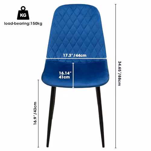 Alivio Set of 4 Blue Velvet Dining Chairs with Ergonomic Curved Backrests and Metal Legs – 3