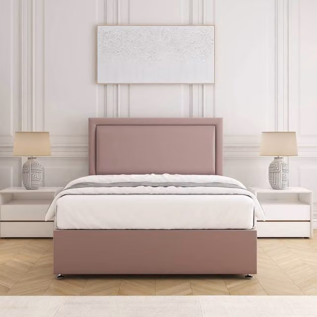 BSSPOKE Ella Divan Bed Set with 24 inch Headboard and Mattress in Pink Plush Velvet, W/D/H: 140 x 200 cm