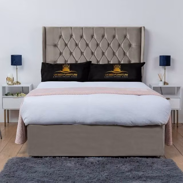 UK Bed Furniture Mary Winged Divan Bed Base with 54 Inch Buttoned Headboard in Light Beige, Double, W/D/H: 140 x 200 cm