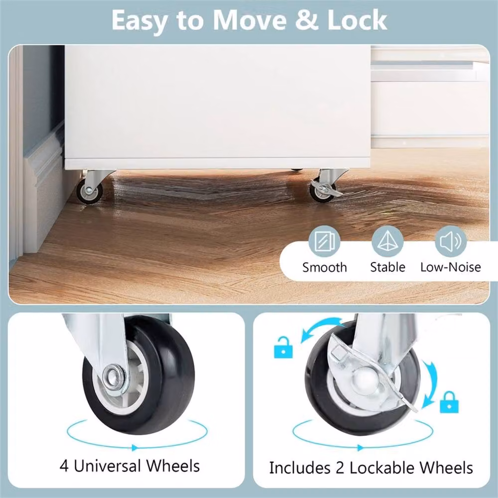 Kelvenix 5 Drawer Rolling Storage Cabinet in White Wood and Metal with Castors and Lock – 4