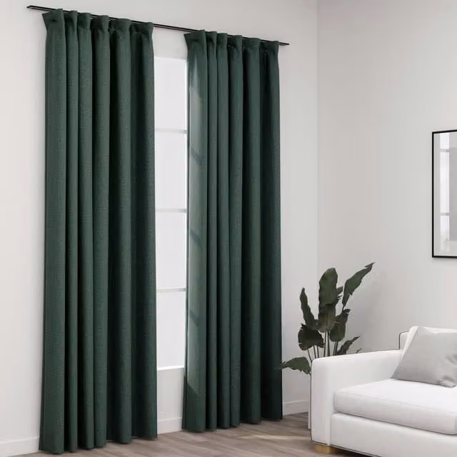 Berkfield Home Linen-Look Blackout Curtains with Hooks, 2 Pack, Green, W: 140 cm, H: 225 cm