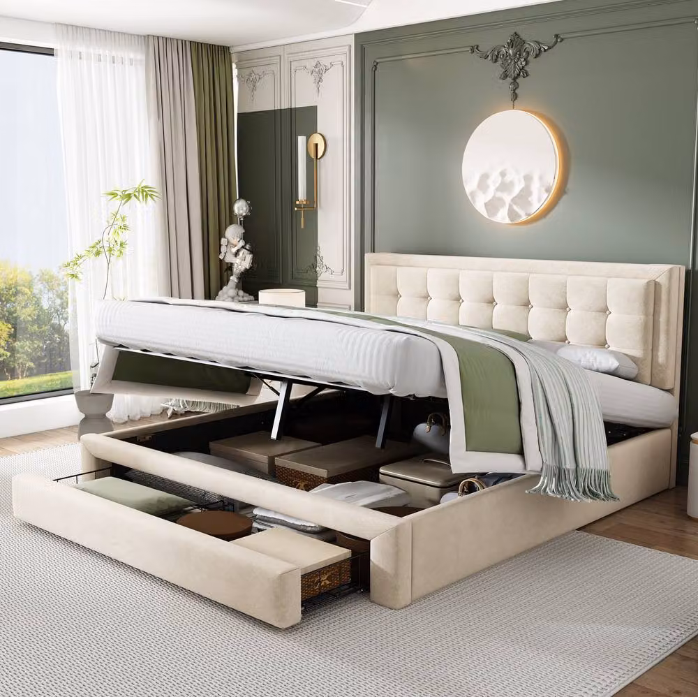 STILVORA Upholstered Double Bed with Lift Up Storage Base in Beige – 2