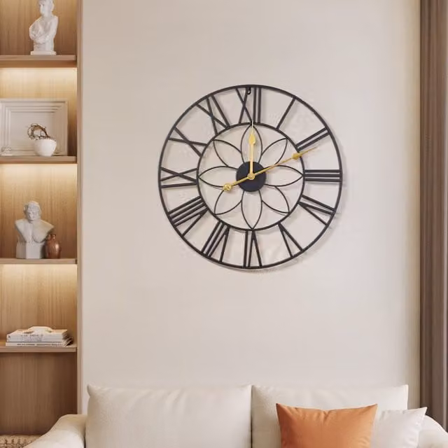 Komore Classic Floral Metal Round Wall Clock in Black and Gold, Diameter: 60.96 cm