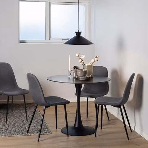 Furniture To Go Malta Black Ceramic Round Dining Table and 4 Light Grey Celia Dining Chairs, W: 90 cm, D: 75 cm, H: 75 cm