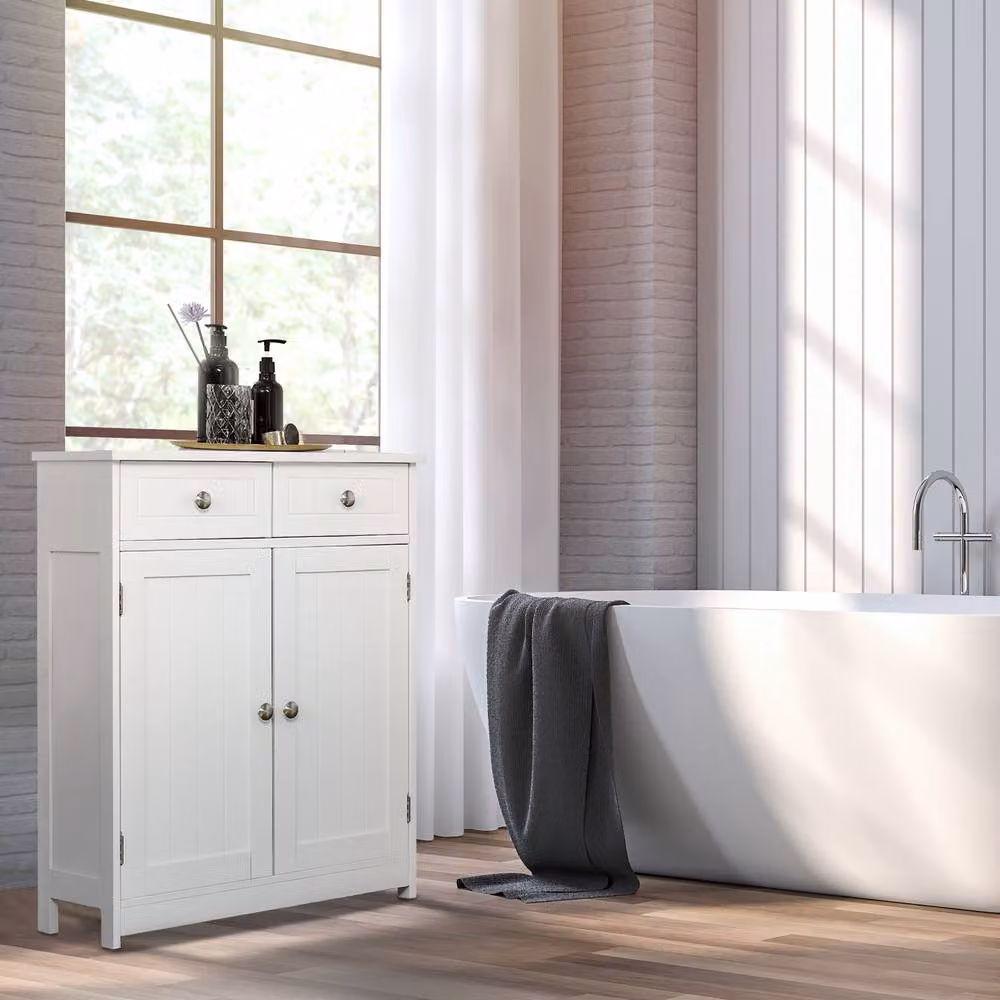 STILVORA White Lacquered Freestanding Bathroom Storage Cabinet with Hinged Doors and Internal Drawers – 2