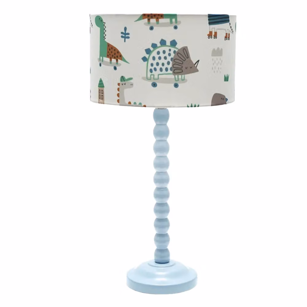 ValueLights Powder Blue Bobbin Stem Table Lamp with Multicolour Cartoon Dino Drum Shade – 2