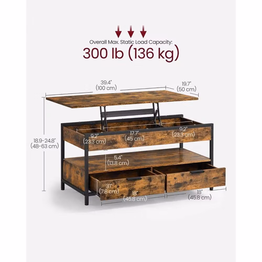 SPETLEK Industrial Brown Living Room Table with Height-Adjustable Lift Mechanism and Storage Drawers, W/D/H: 100 x 48 x 63 cm – 2