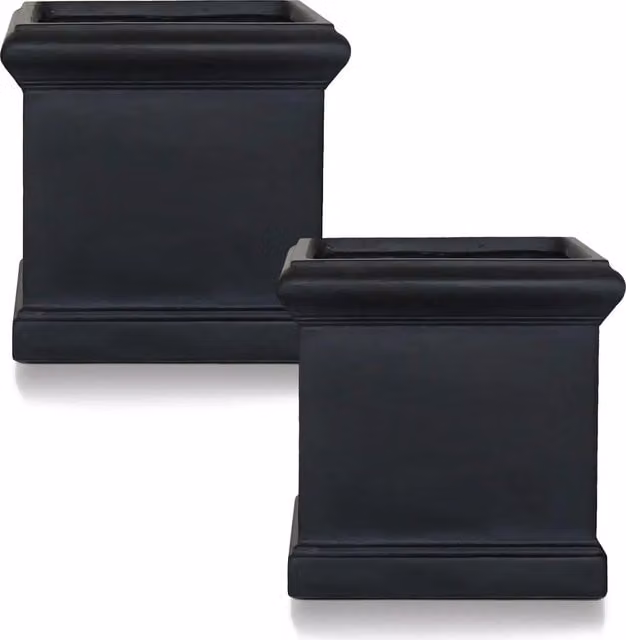 Idealist Victorian Square Garden Planters, Set of 2, Black Ceramic and Stone Ornamental Pots