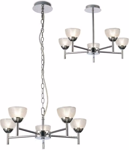 Avalon G9 Ceiling Pendant Light in Polished Chrome with Transparent Prismatic Glass, Diameter: 48 cm