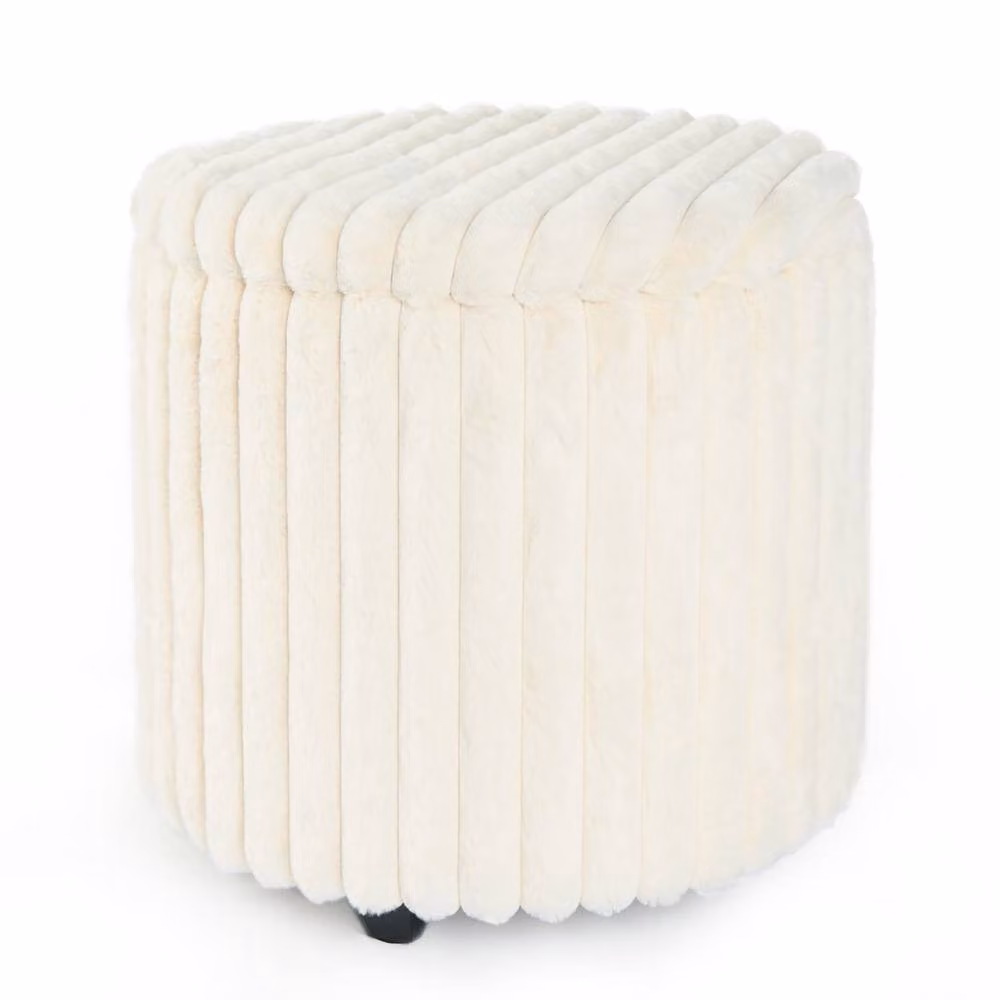 OHS Ribbed Faux Fur Ottoman Storage Box with Lid and Folding Footstool in Cream – 3