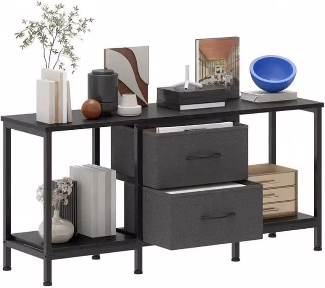 VOGREX Black Modern TV Stand Entertainment Unit with Metal Frame and Fabric Drawers – 1