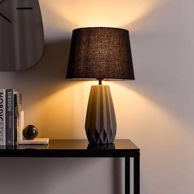 Wyld and Coco Grey Faceted Ceramic Table Lamp with Fabric Drum Shade – 1