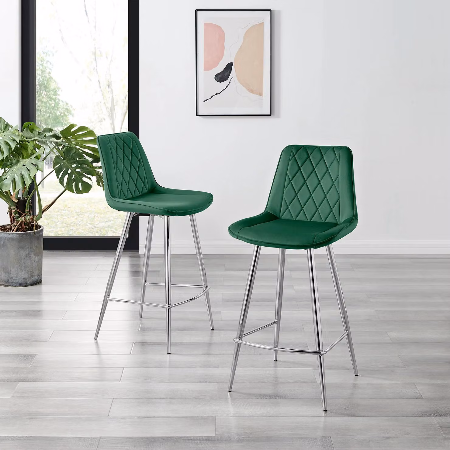 FurnitureboxUK Pesaro Set of 2 Green Velvet Counter Stools with Silver Metal Legs – 2
