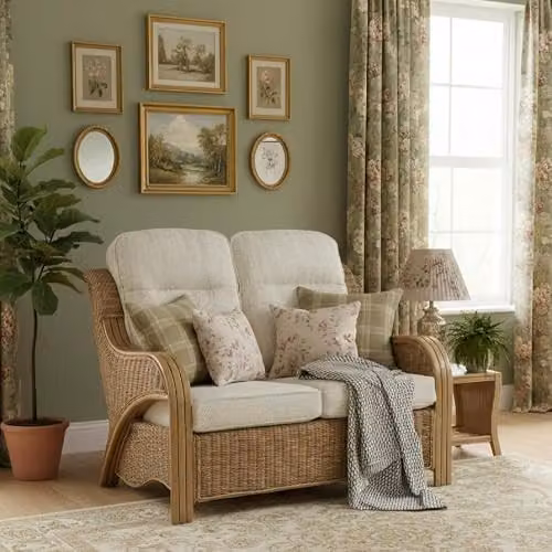Desser Opera Rattan Conservatory Furniture Set with 2 Seater Sofa and Armchairs in Oak and Beige Fabric – 3