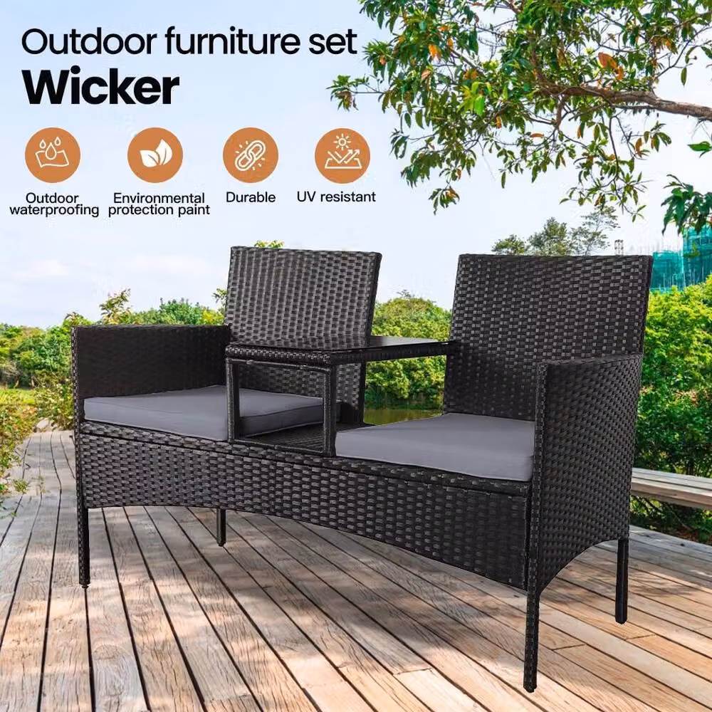 FORGEVIO Modern Garden Companion Love Seat Chair with Black Base and Grey Cushions – 3