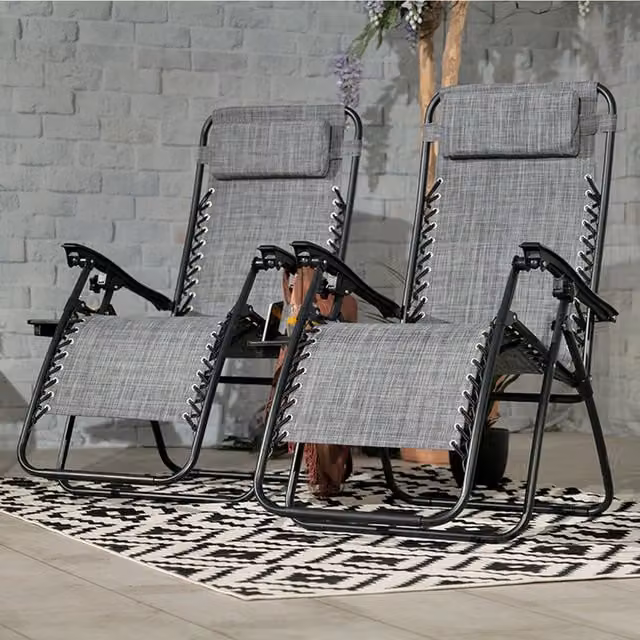 Royalcraft Set of 2 Grey Zero Gravity Relaxer Chairs with Adjustable Headrest and Cup Holders