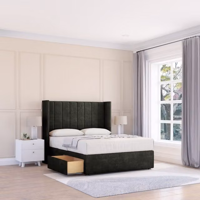 Sloomy Falcon Dumfries Wingback Bed Set in Black Velvet with Floor Standing Headboard, Small Double, W/D/H: 120 x 200 cm