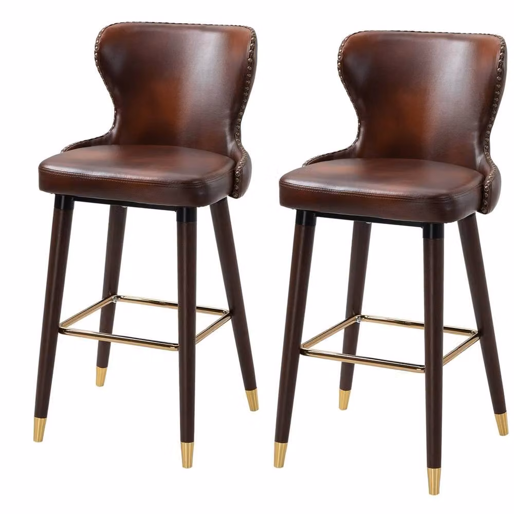 VOGREX Set of 2 Brown Synthetic Leather Bar Stools with Backrest and Footrest – 4