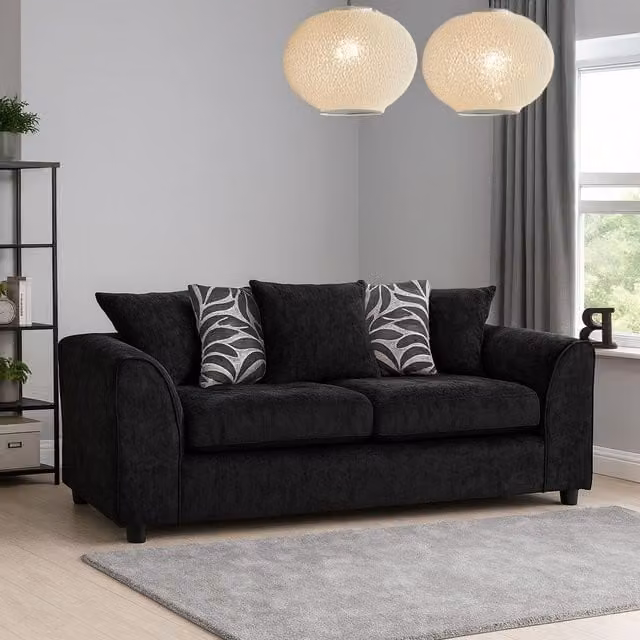 Furnishings For Less UK Zina 3 Seater Chenille Fabric Sofa in Black with Scatter Cushions