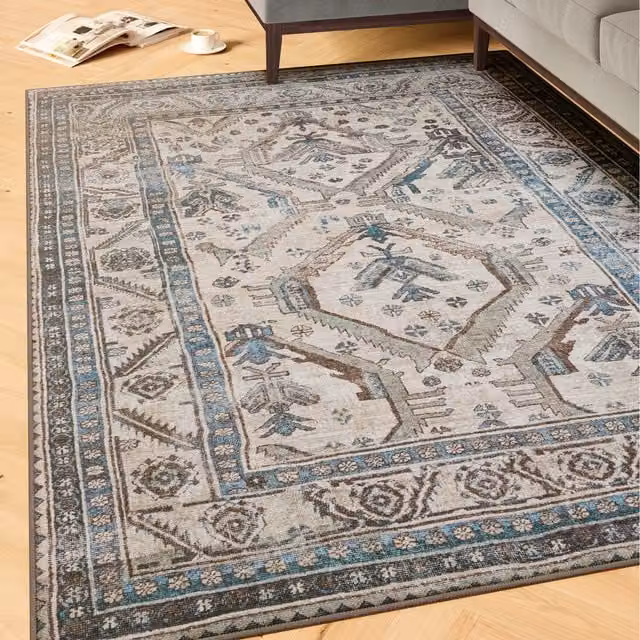 The Rug House Vintage Washable Rectangular Area Rug in Grey and Beige, W: 120 cm, L: 170 cm