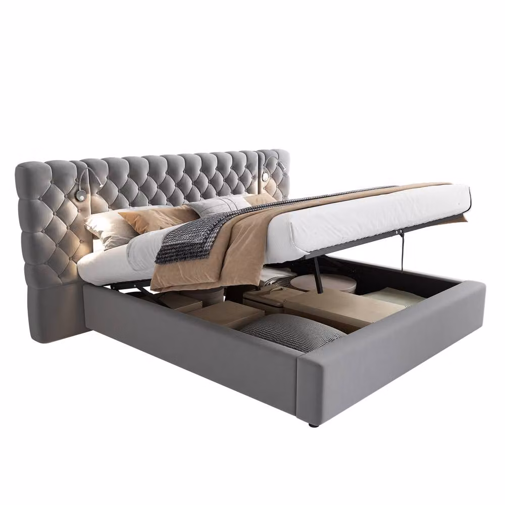 Rolipo Grey Velvet Upholstered Double Bed with Lift Up Base and Integrated Reading Light, W/D/H: 180 x 200 cm – 3
