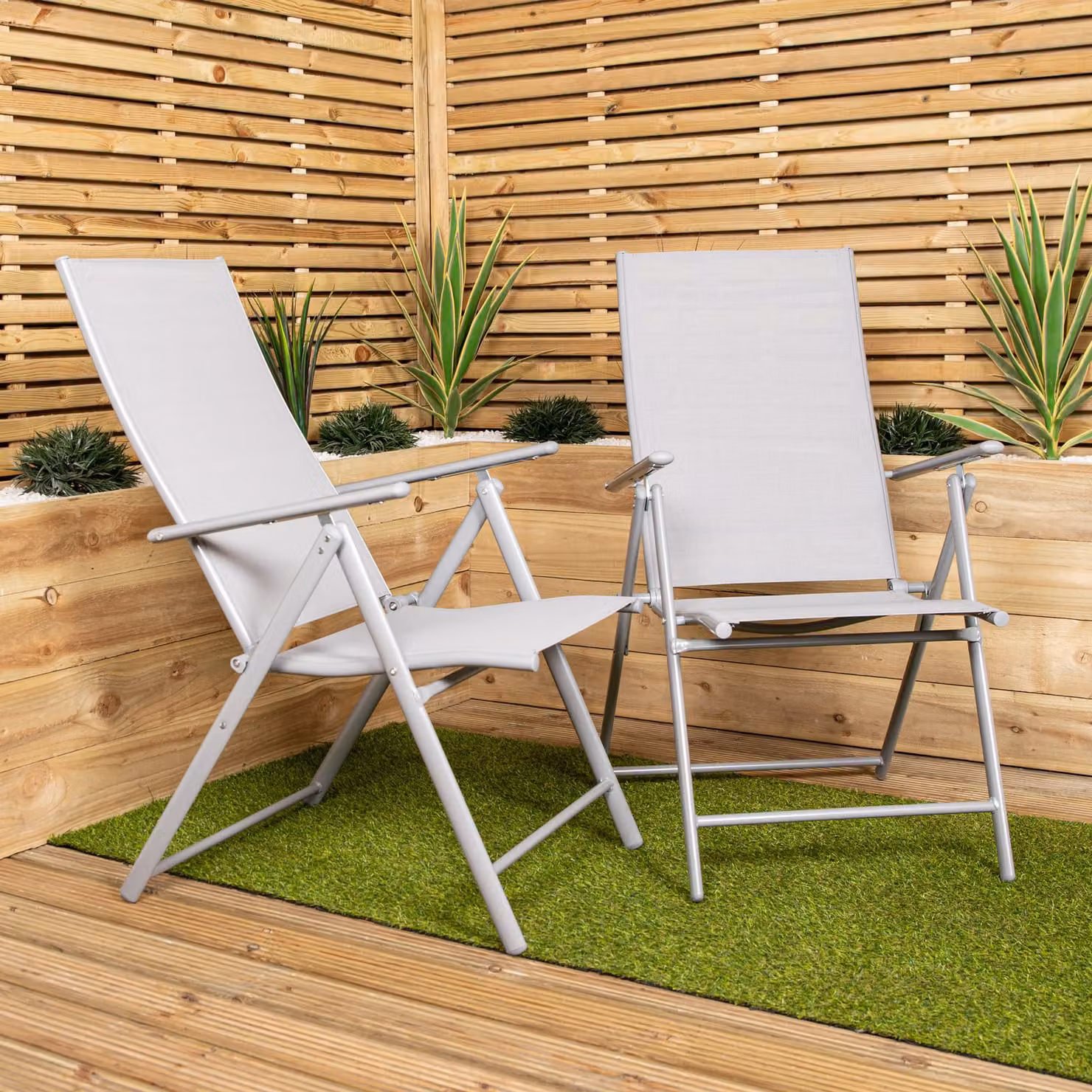 Samuel Alexander Set of 2 Grey Multi Position Reclining Folding Garden Chairs with Armrests and Powder Coated Steel Frame – 2