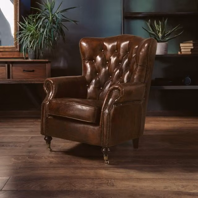 Orsina Brown Leather Lounge Chair with Walnut Wood Frame