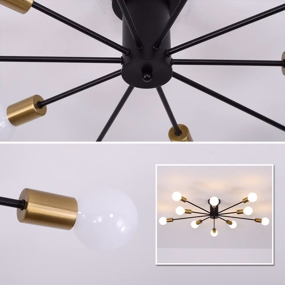 NIVOR Mid Century 10-Light Sputnik Chandelier in Black and Gold/Brass with E27 Ceiling Lamp – 5