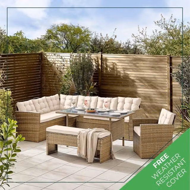 FurnitureboxUK Marbella 9 Seat Rattan Sofa Chair Bench and Table Set in Beige and Black